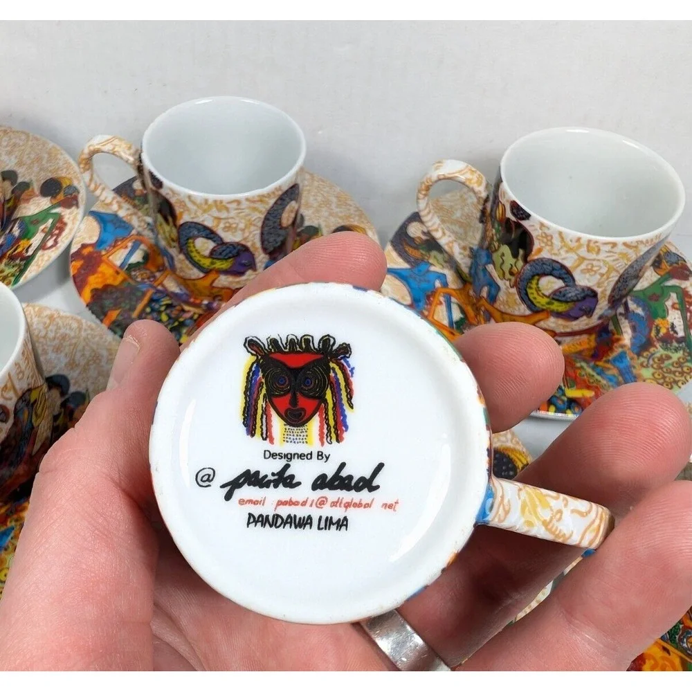 Pacita Abad Espresso Set‎ Mini Cup Mug Saucer Porcelain RARE Wayang Pandawa Lima